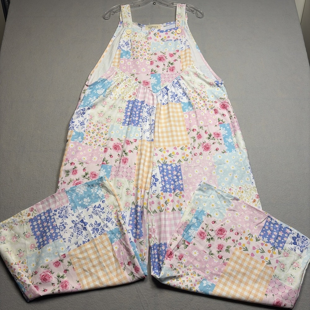 Haptics Boho Overalls Women L Blue Patchwork Wide Leg Floral Hippie Festival